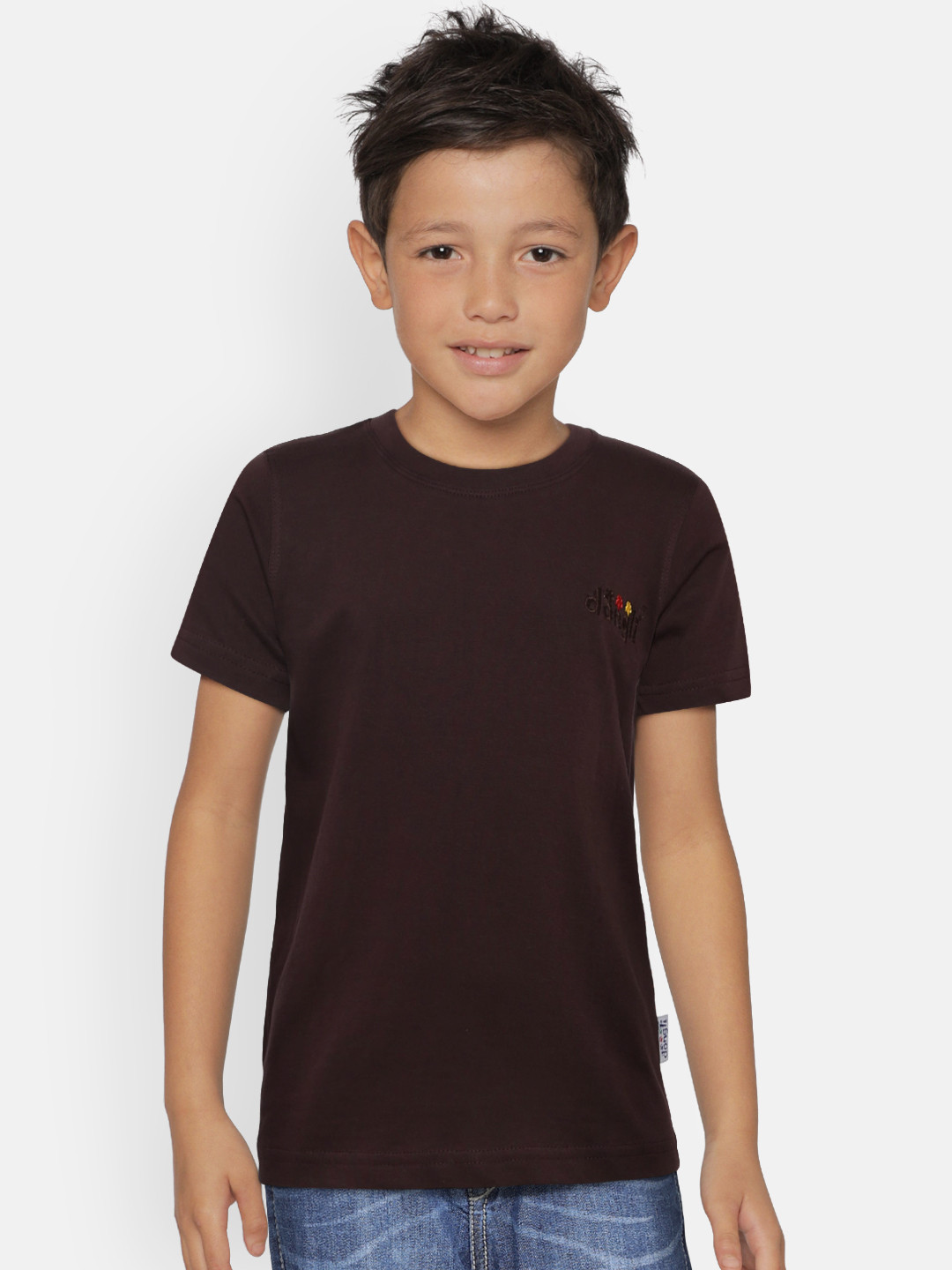 dongli Boys Brown Solid Round Neck Pure Cotton T-shirt