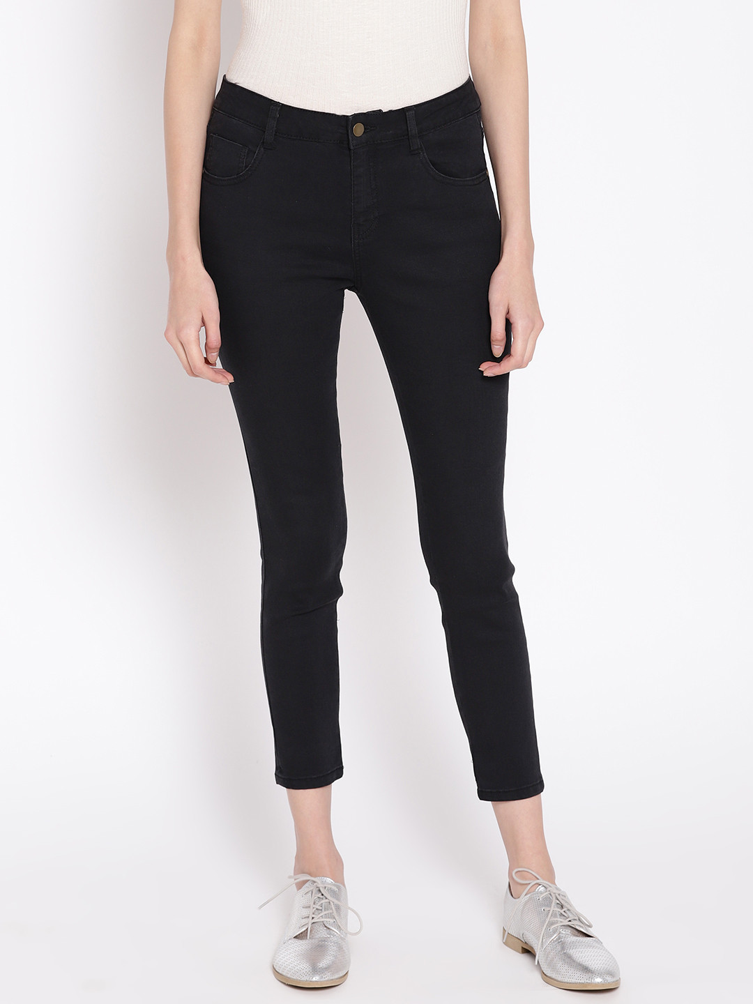 DressBerry Women Black Skinny Fit Mid-Rise Clean Look Cropped Stretchable Jeans