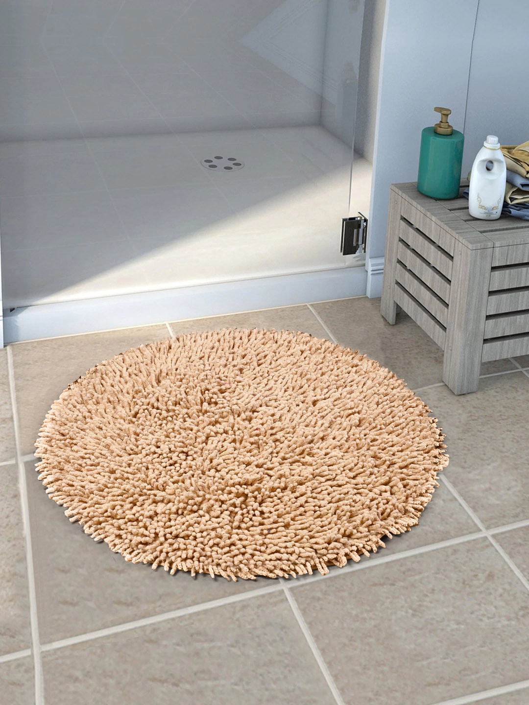 Saral Home Beige Solid Cotton Anti-Skid Shaggy Round Bath Mat