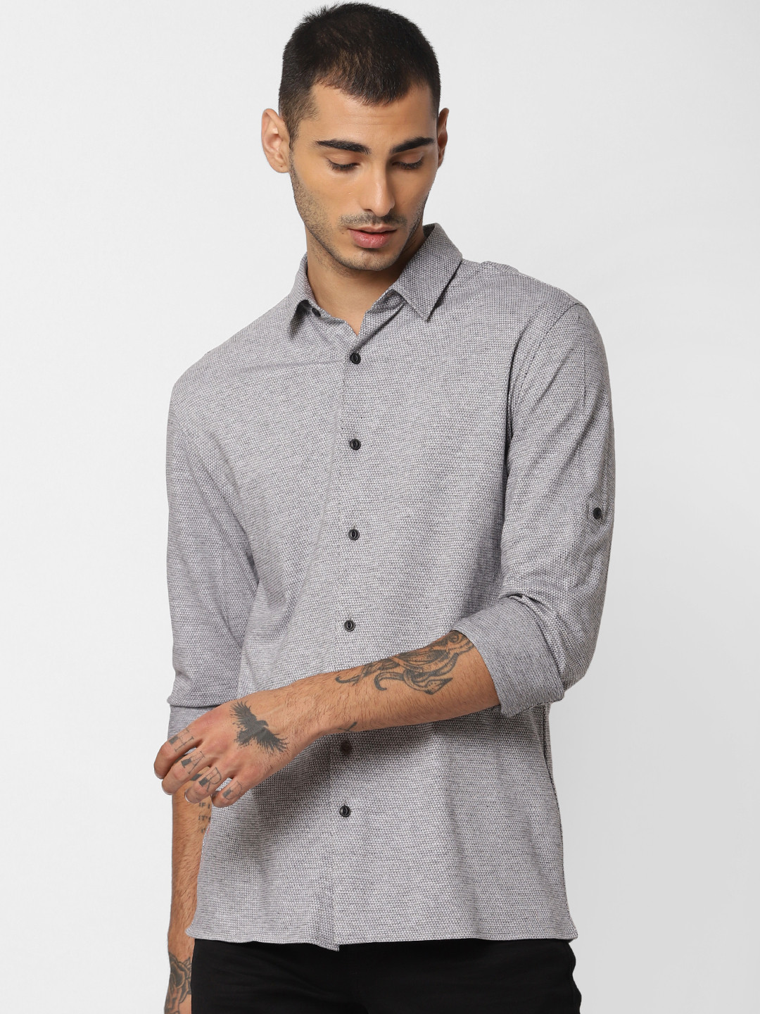 Jack & Jones Men Grey Melange & Black Slim Fit Self Design Casual Knitted Shirt