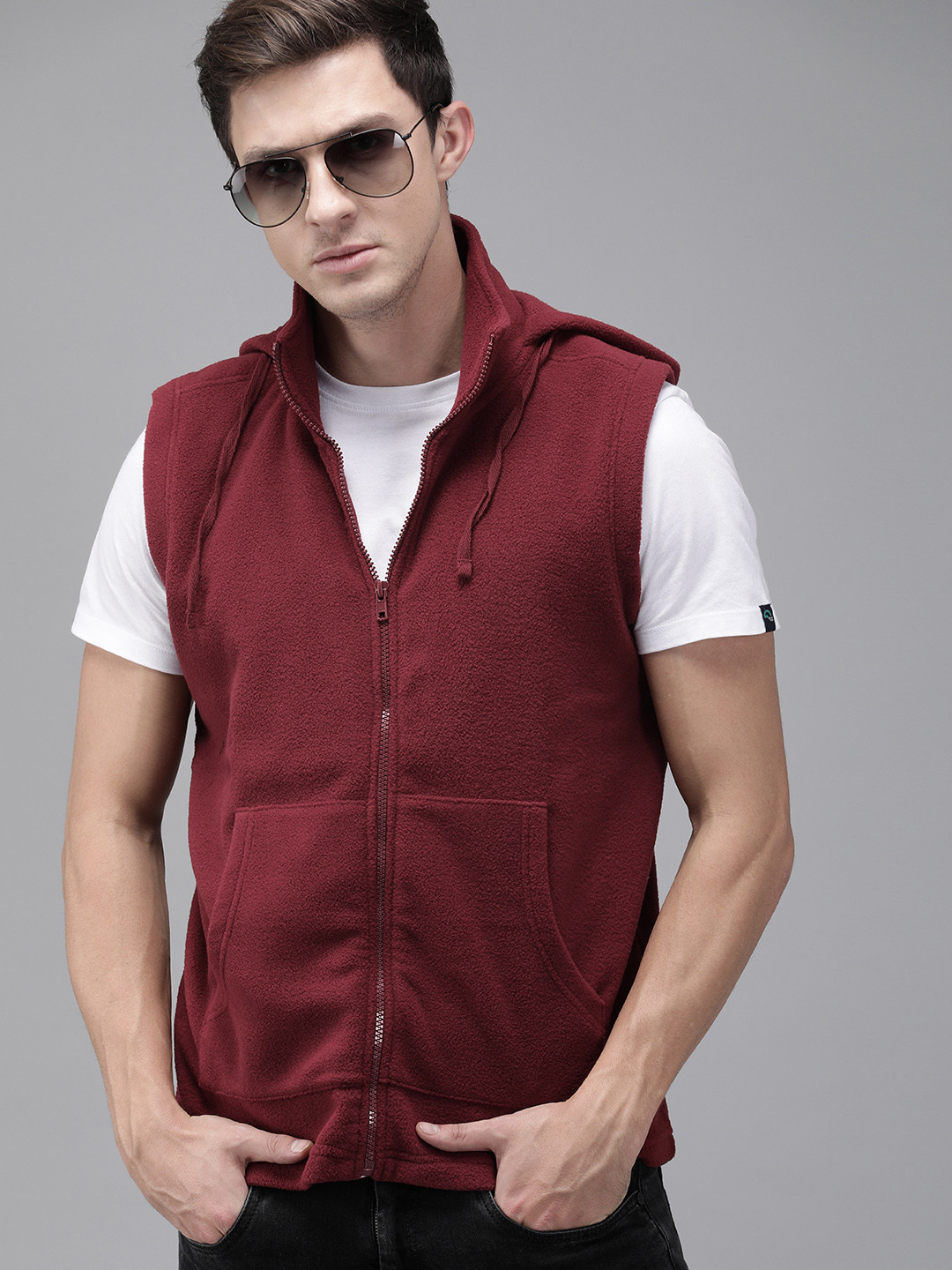 The Roadster Lifestyle Co Men Maroon Solid Polar Fleece Hooded Sweatshirt