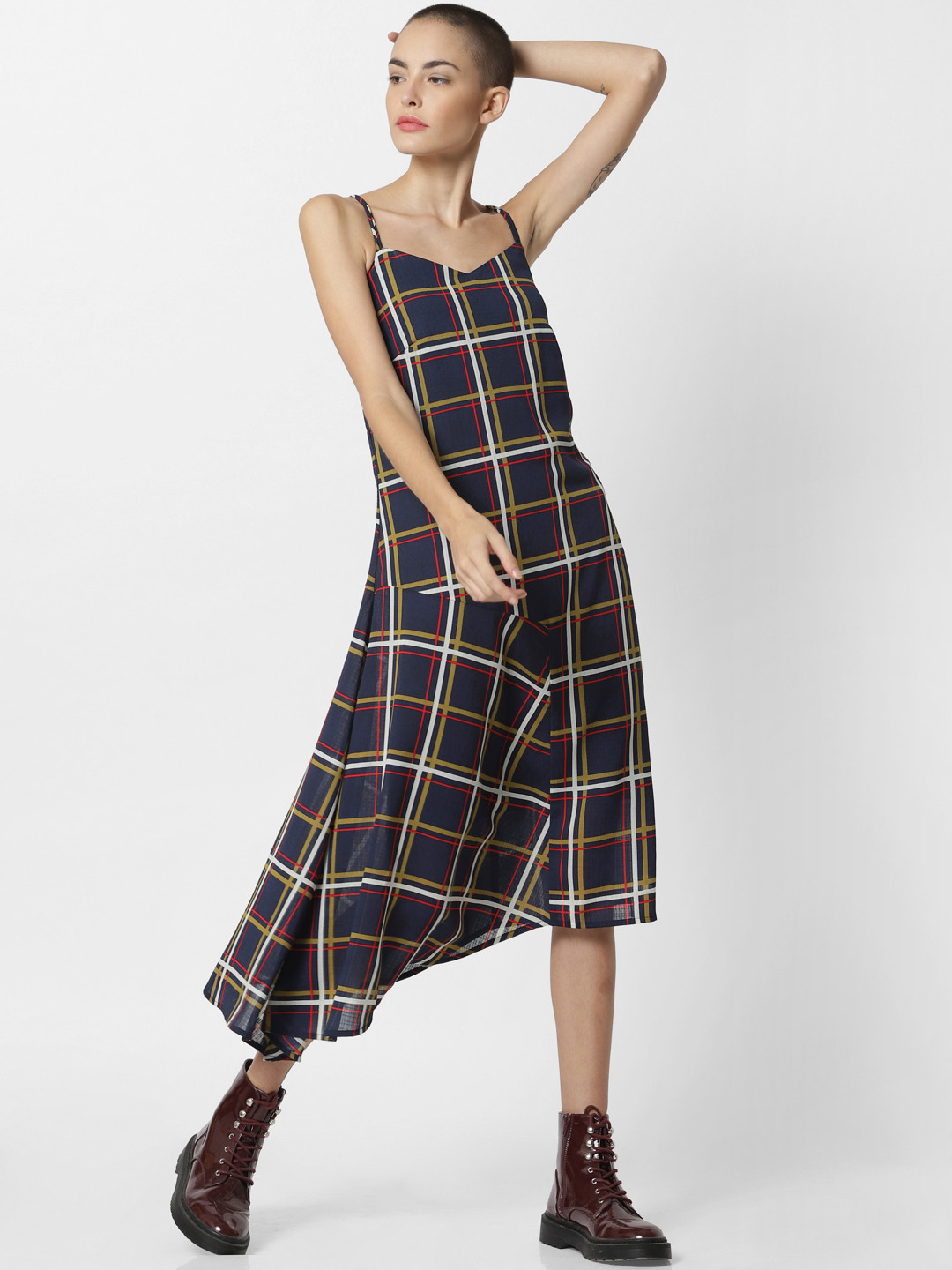 ONLY Women Blue & White Checked A-Line Dress