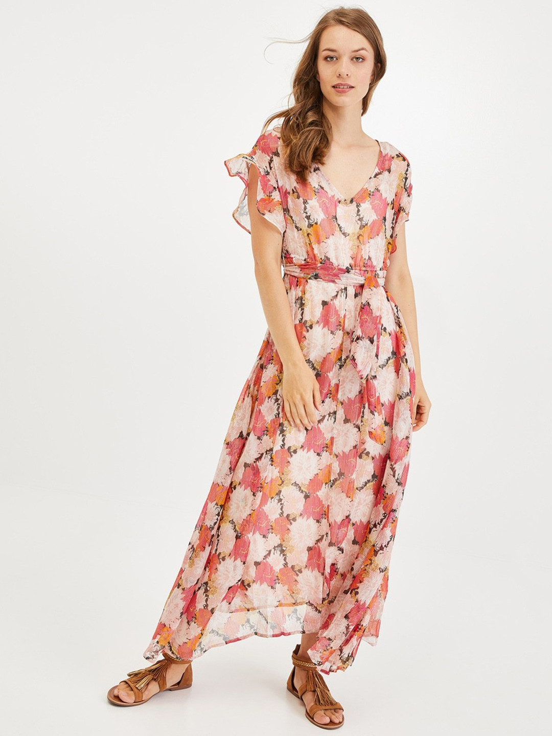 promod Women Pink Fit and Flare Floral Printed Dress