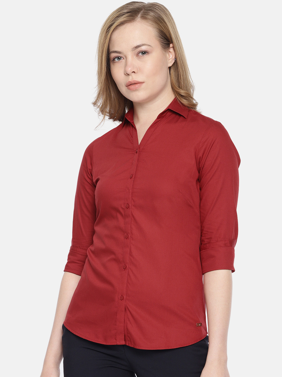 Park Avenue Women Red Slim Fit Solid Formal Shirt
