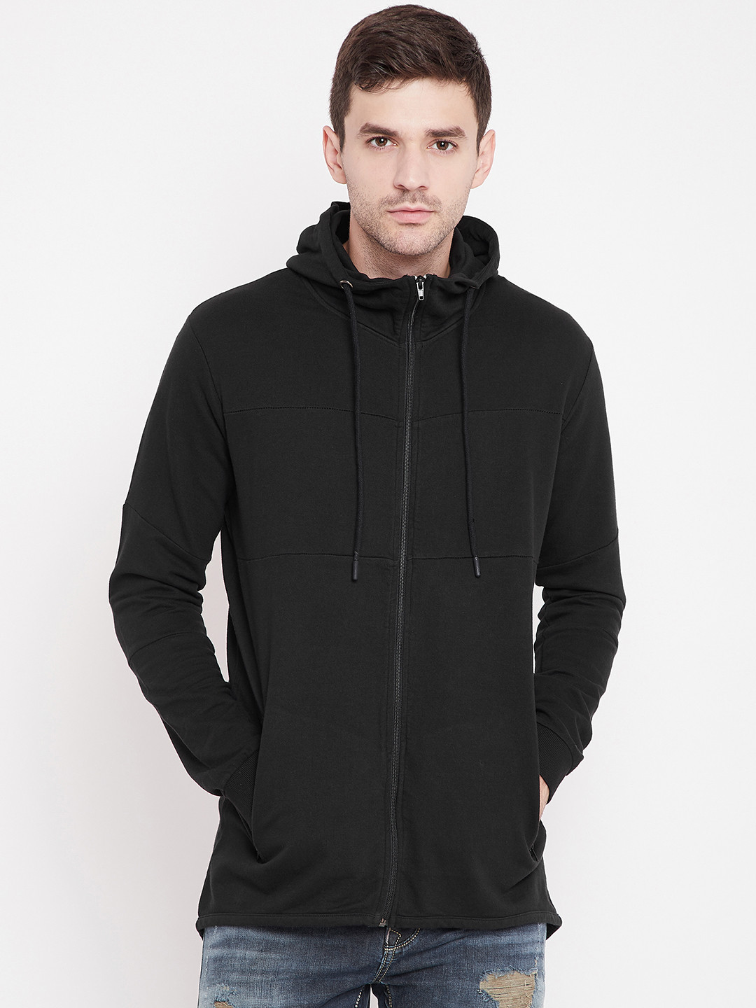 PUNK Men Black Solid Hooded Sweatshirt