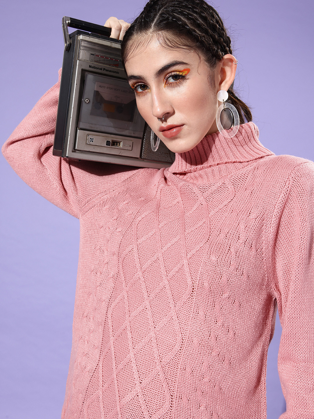 Roadster Women Pink Self-Design Open-Knit Pullover