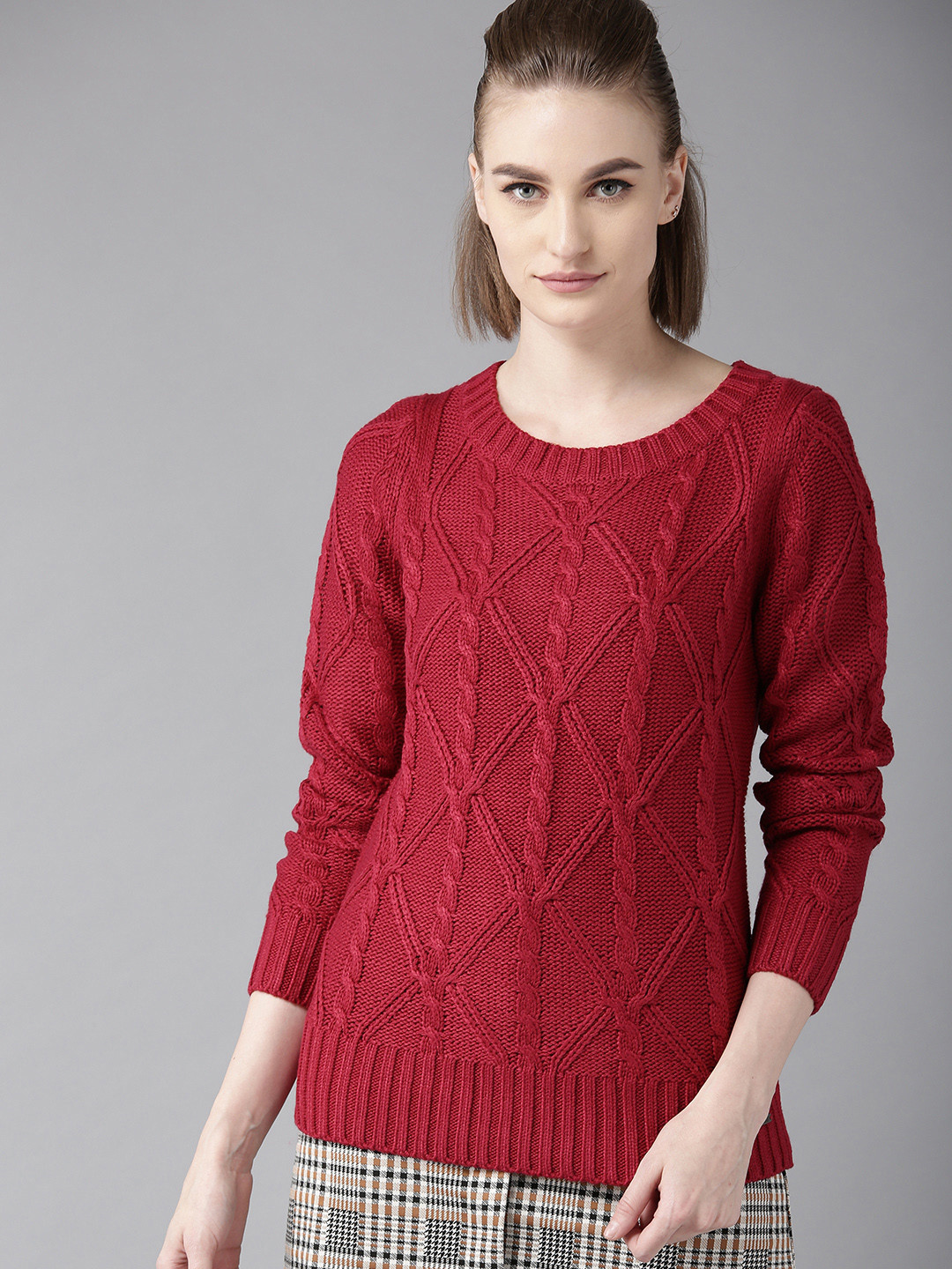 The Roadster Lifestyle Co Women Red Cable Knit Sweater