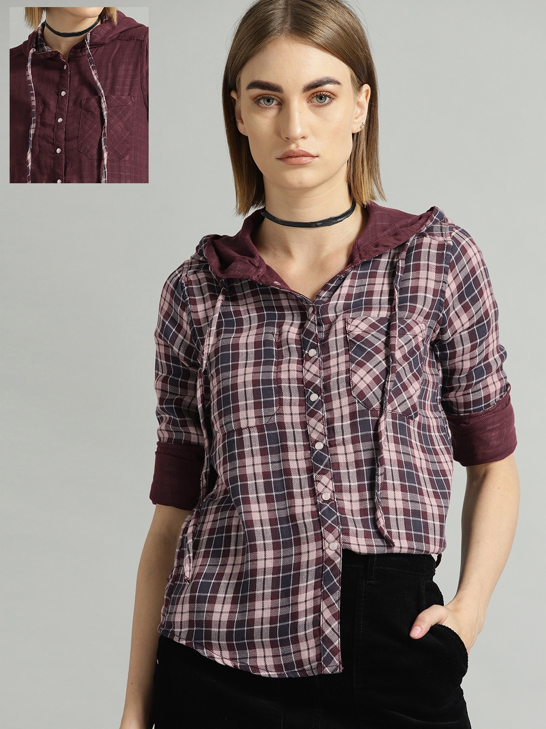 hooded check shirt womens