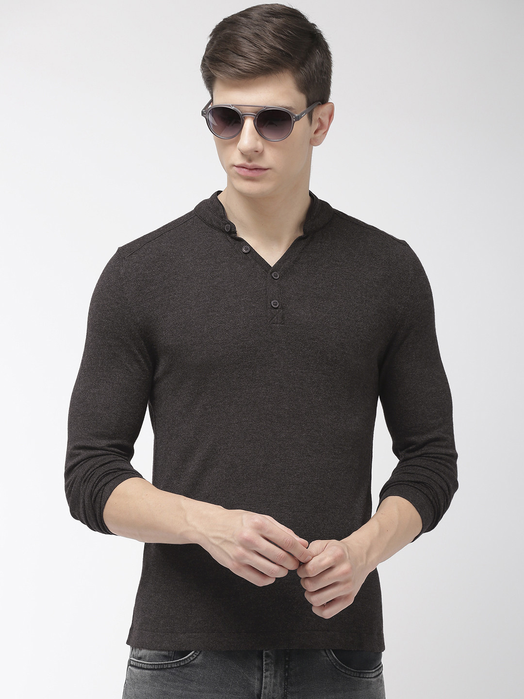 Celio Men Charcoal Grey Solid Sweater