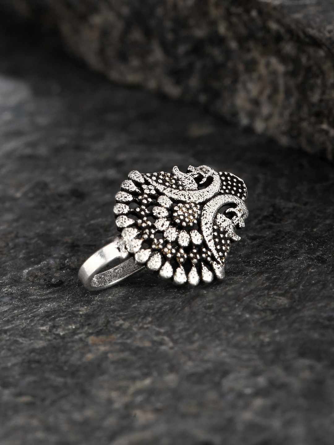 Priyaasi Oxidised Silver-Plated Peacock Shaped Clip-On Nosepin
