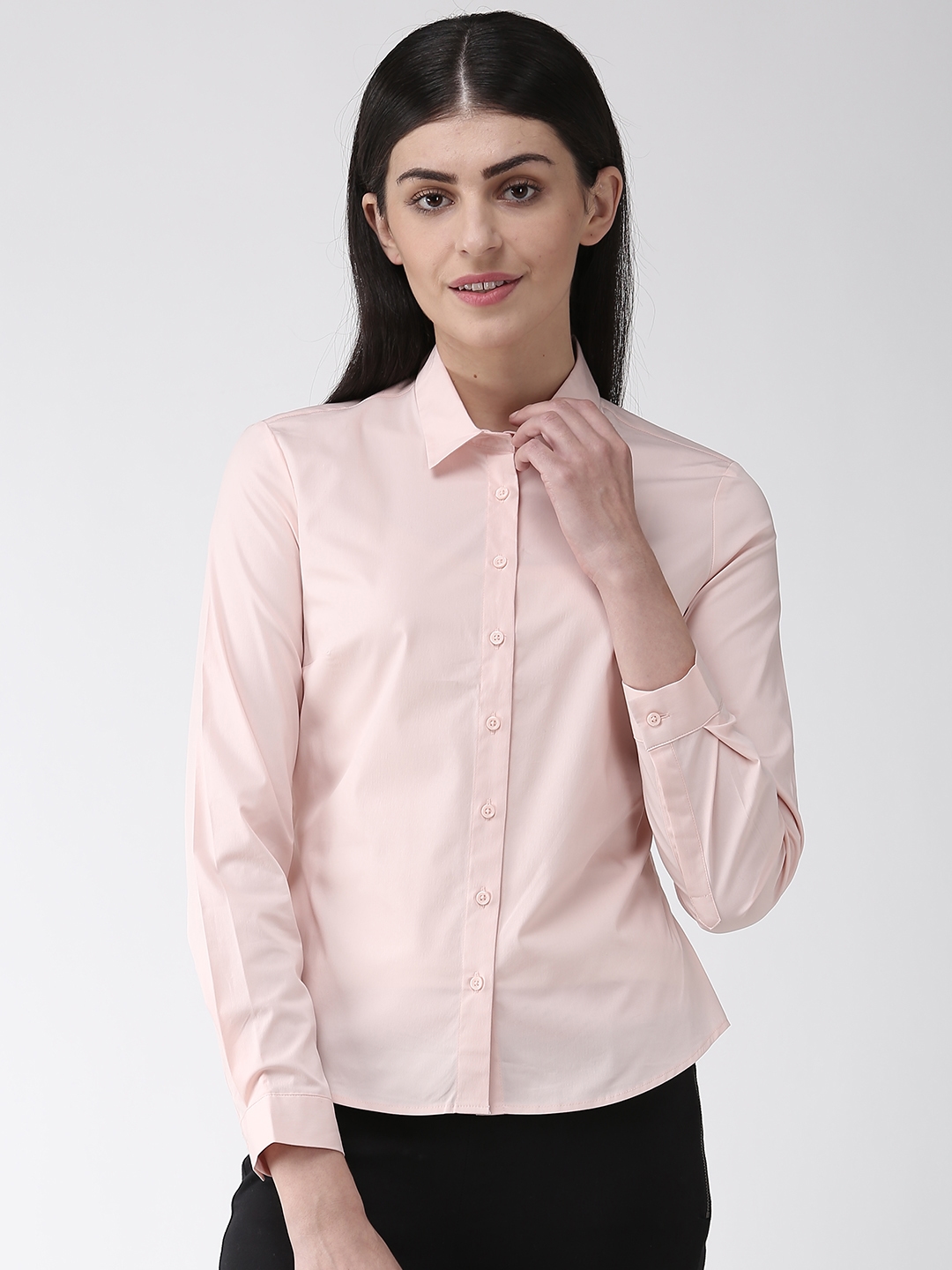 Marks & Spencer Women Peach-Coloured Regular Fit Knitted Solid Formal Shirt
