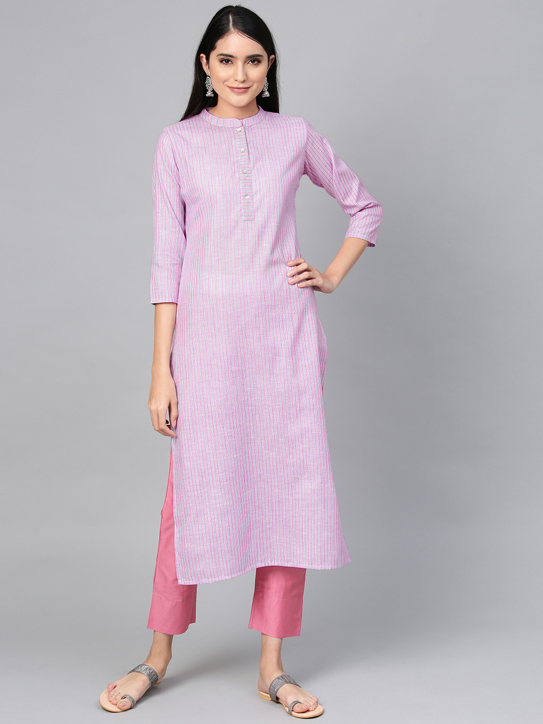 Indo Era Women Pink & White Striped Straight Kurta