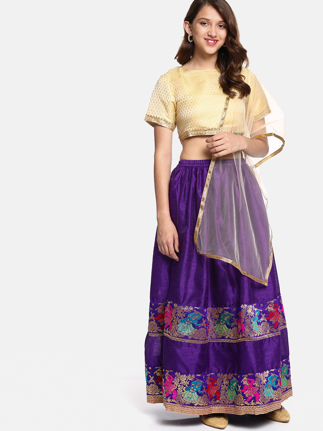 YK Girls Golden & Purple Woven Design Ready to Wear Lehenga & Blouse with Dupatta
