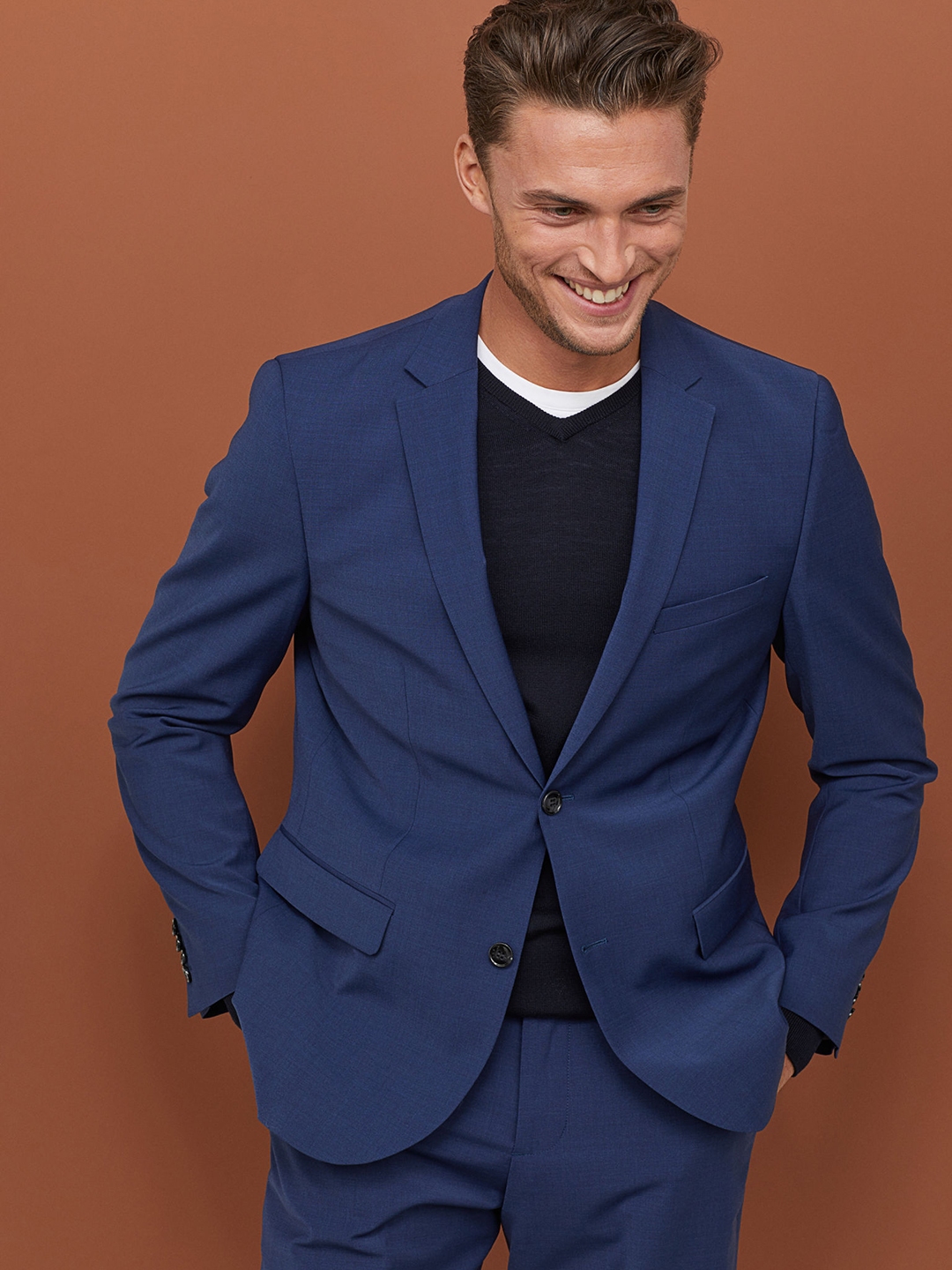 H&M Men Blue Solid Wool Blend Blazer Regular Fit