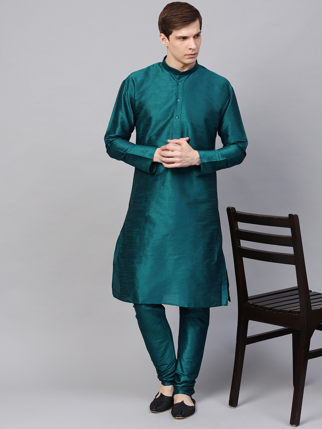 SOJANYA Men Teal Green Solid Kurta with Churidar