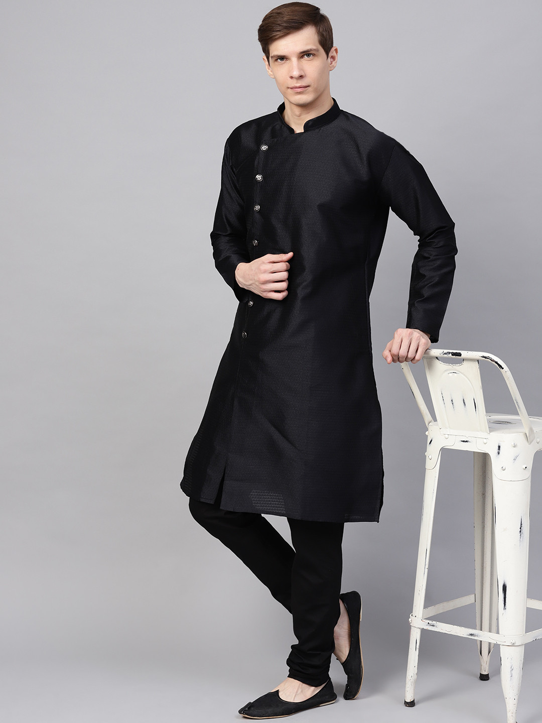 SOJANYA Men Black Solid Angrakha Kurta with Churidar