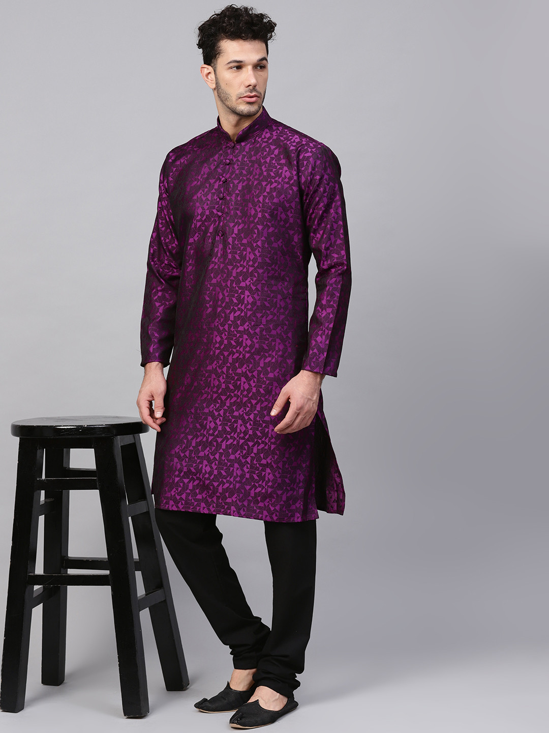 SOJANYA Men Purple & Black Self Design Kurta with Churidar