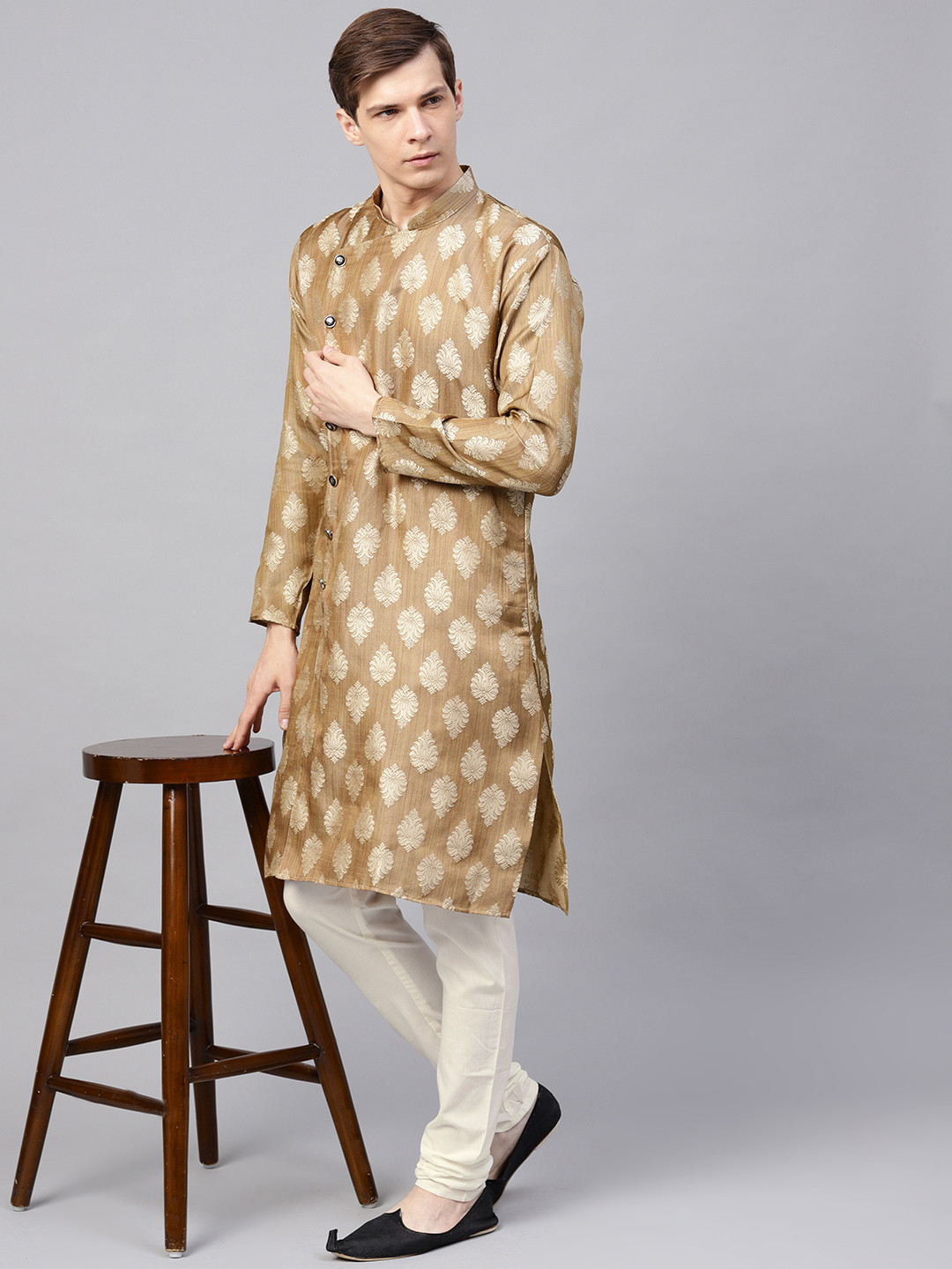 SOJANYA Men Brown & Off-White Self Design Angrakha Kurta with Churidar