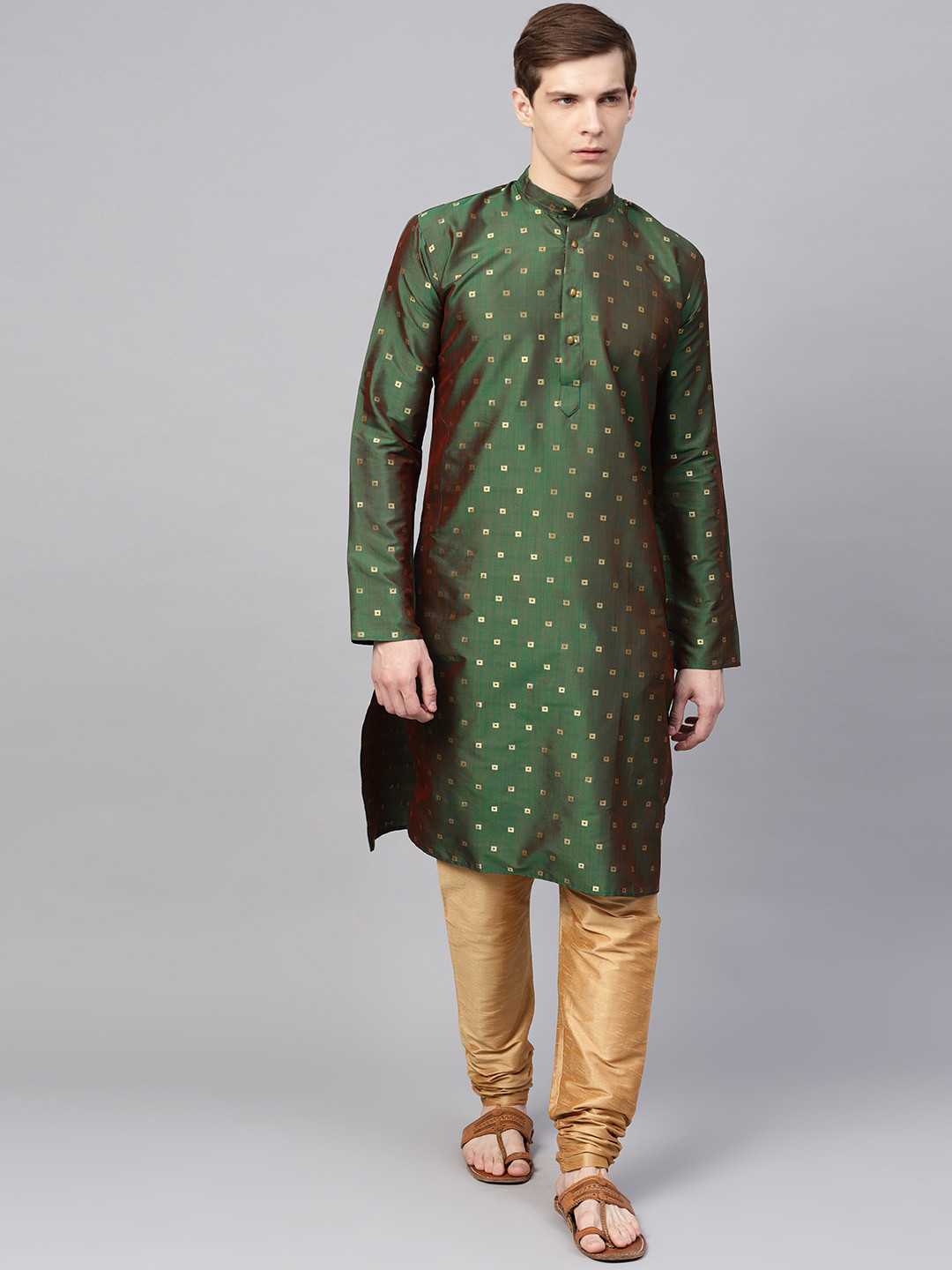 SOJANYA Men Green & Beige Self Design Kurta with Churidar