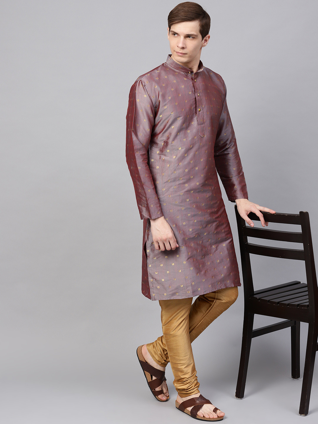 SOJANYA Men Mauve & Beige Self Design Kurta with Churidar