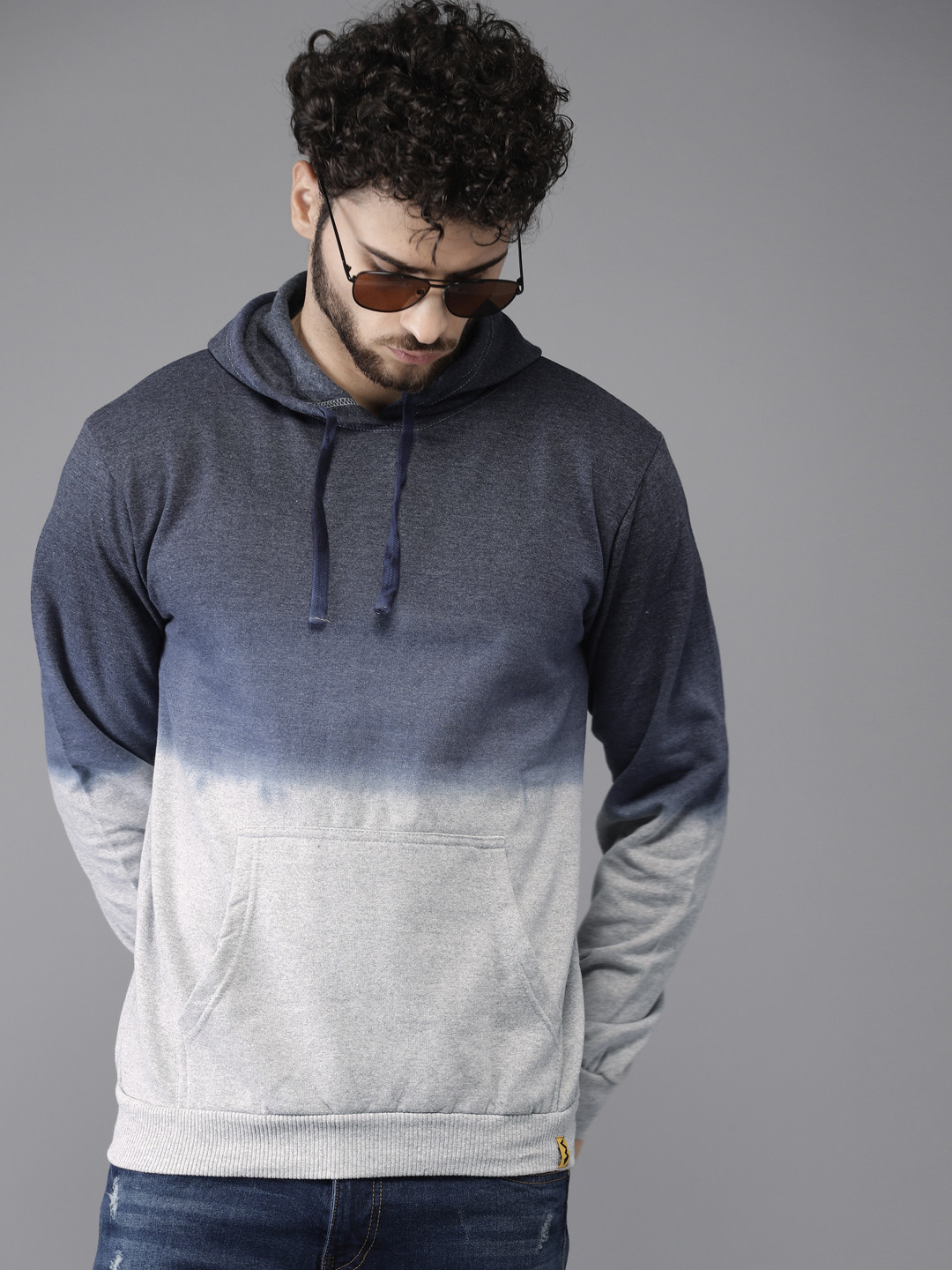 Campus Sutra Men Navy Blue & Grey Colourblocked Hooded Sweatshirt