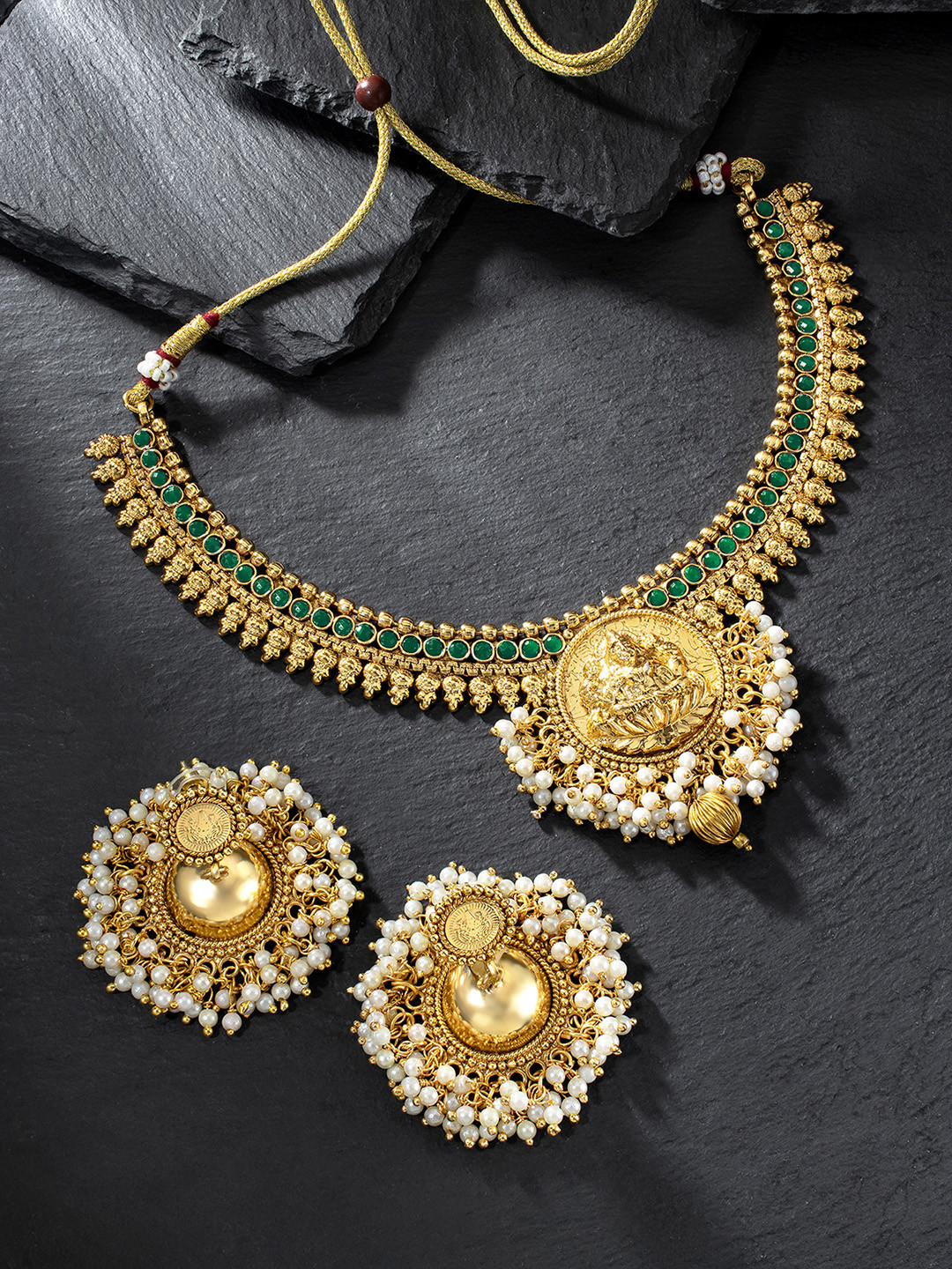 Temple Jewellery 18K Gold Plated Goddess Laxmi Pearl Necklace with Jhumki Earrings