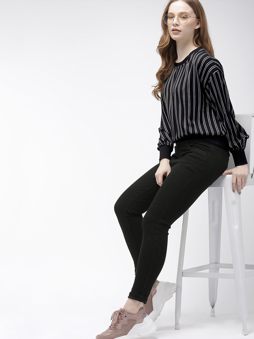 Harvard Women Black & Grey Striped Regular Top