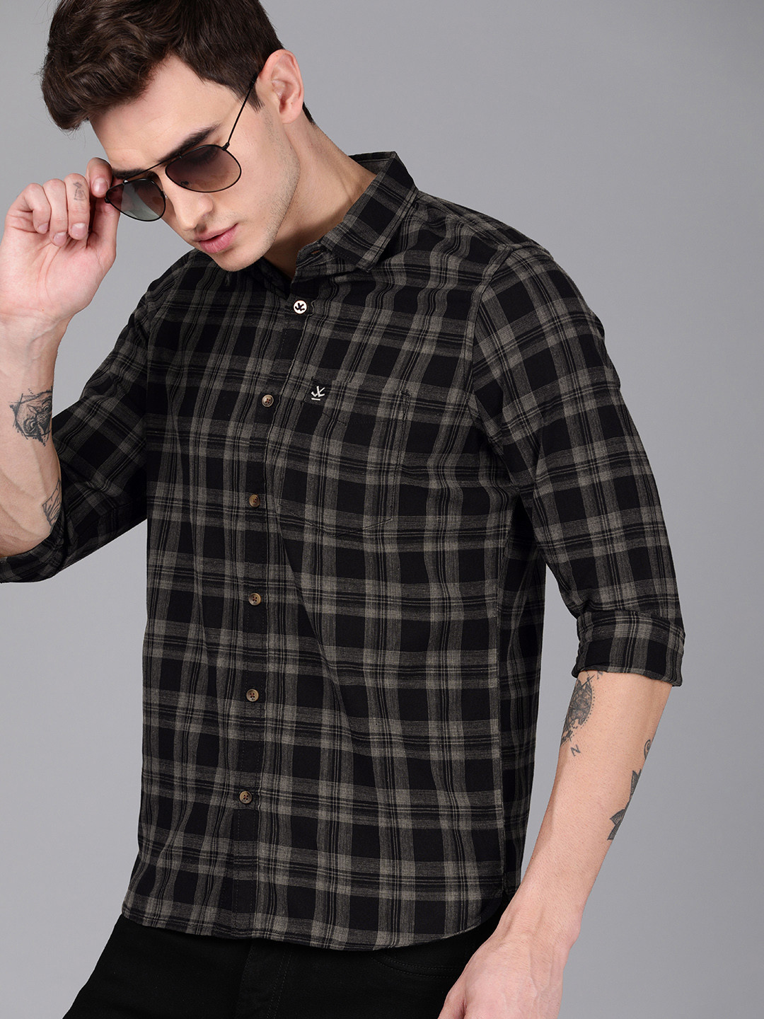 WROGN Men Black & Grey Slim Fit Checked Casual Shirt