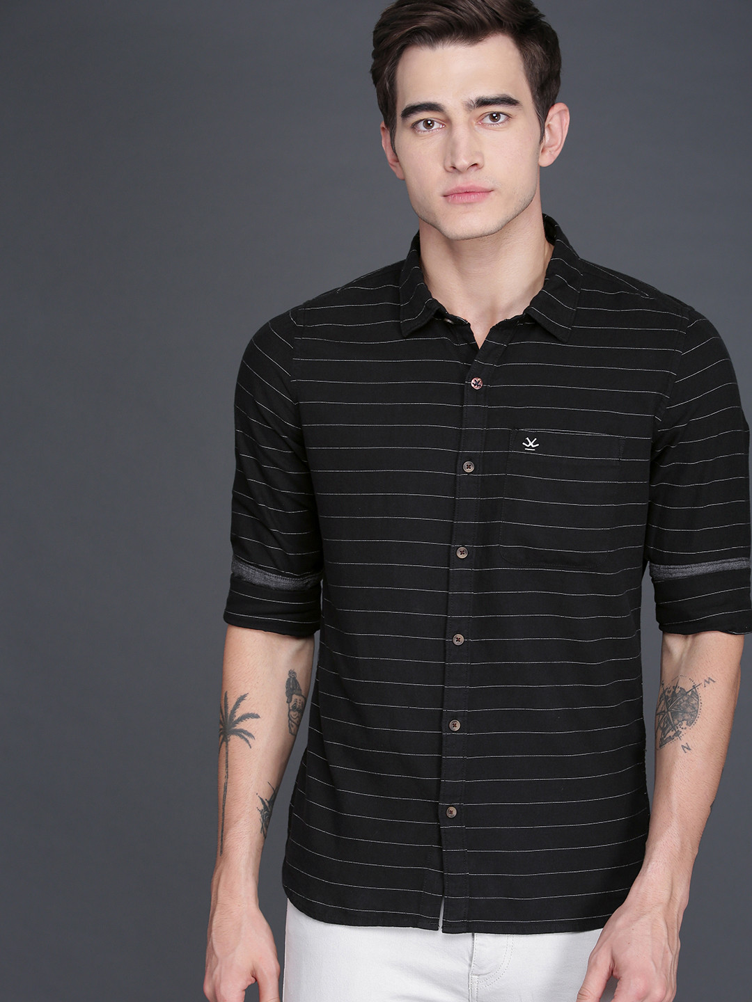 WROGN Men Black & White Slim Fit Self Striped Casual Shirt