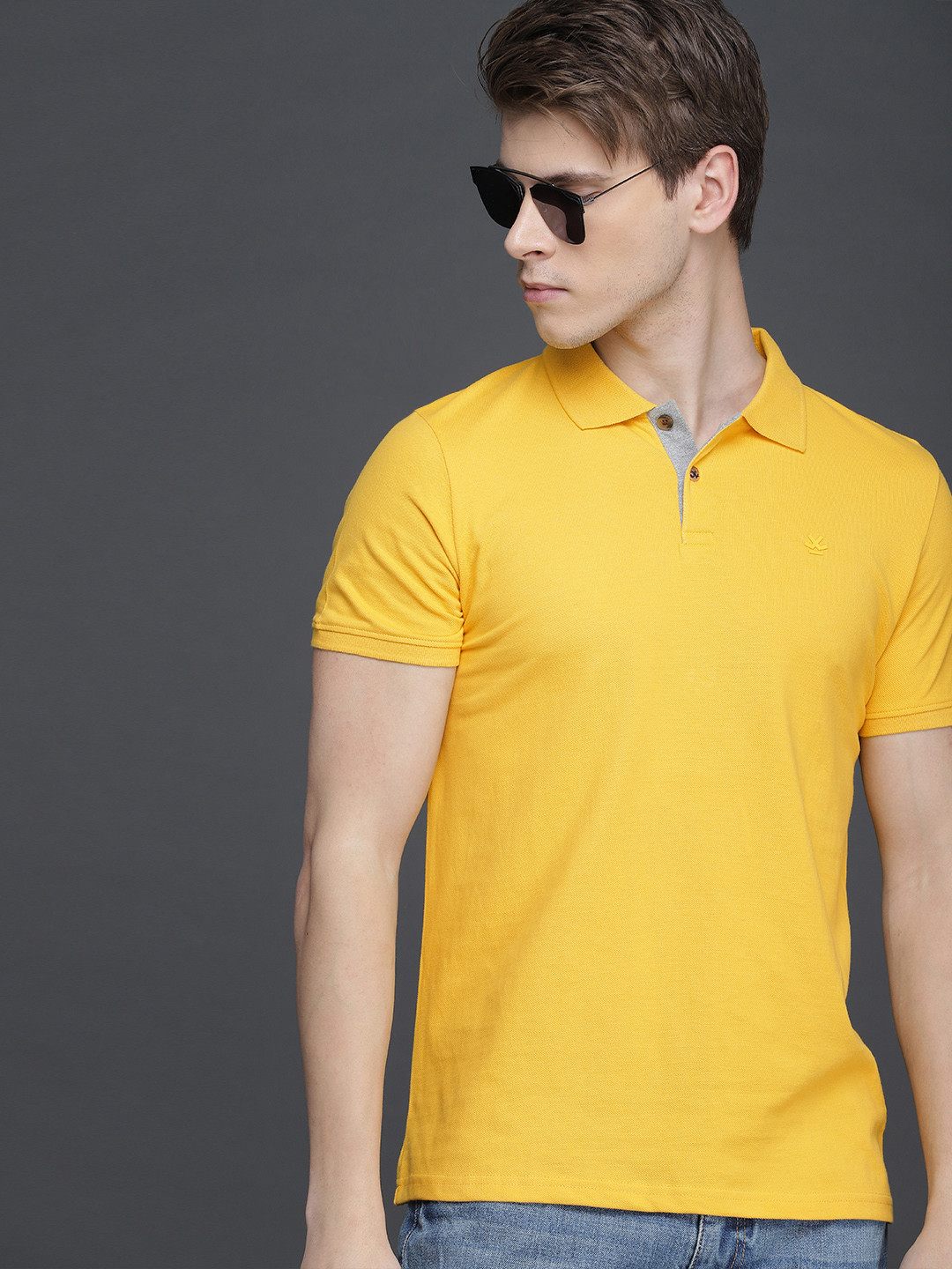 WROGN Men Yellow Solid Slim Fit Polo  Cotton T-shirt