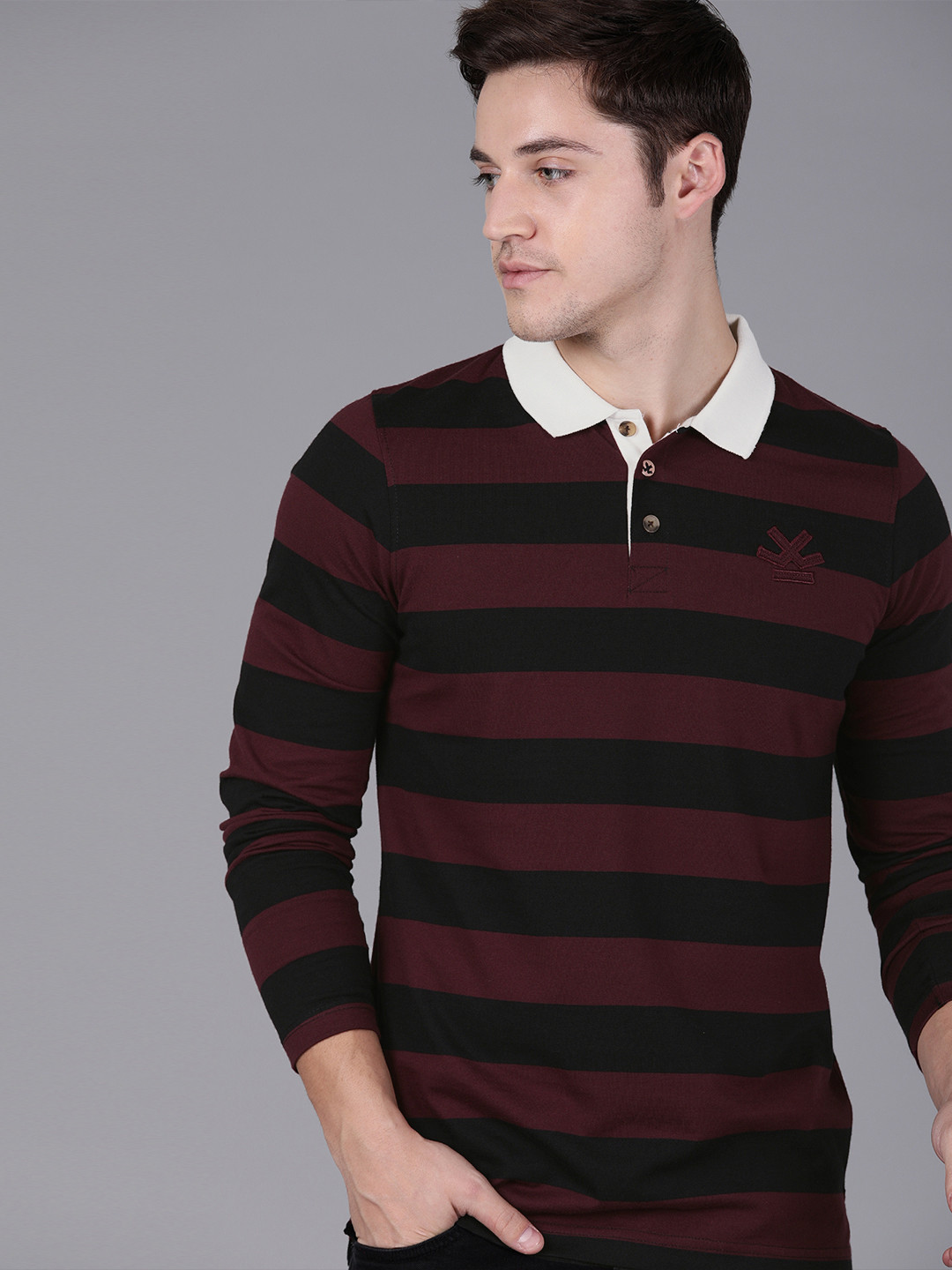 WROGN Men Burgundy & Black Striped Polo Collar T-shirt