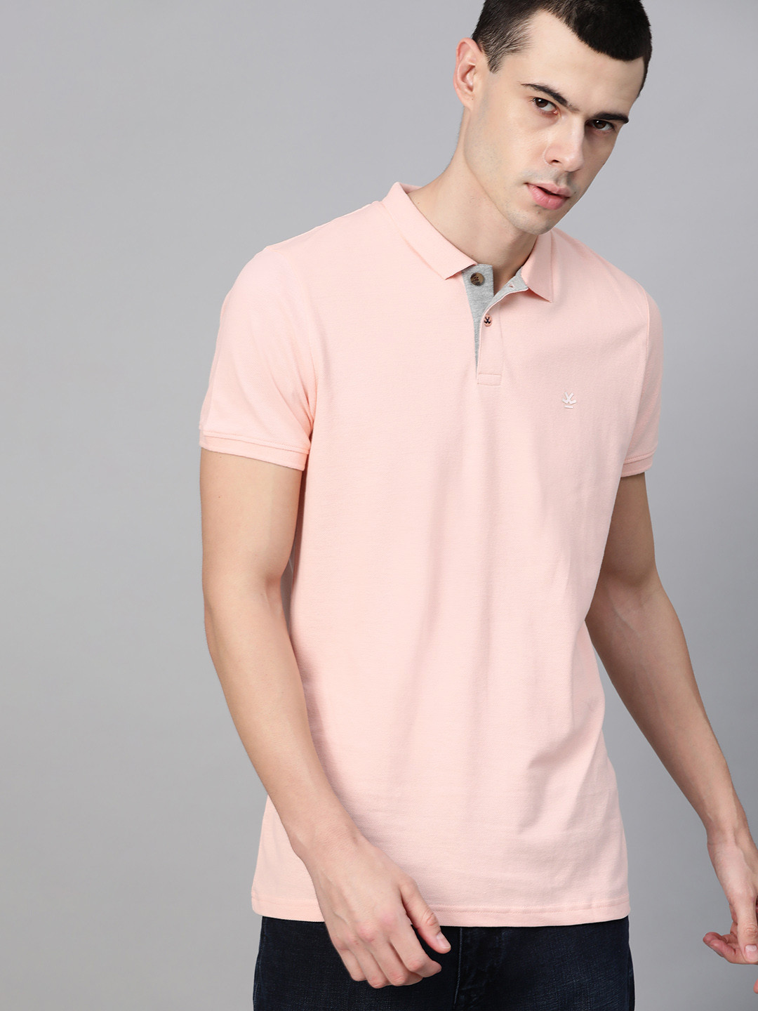 WROGN Men Peach-Coloured Slim Fit Solid Polo Collar T-shirt