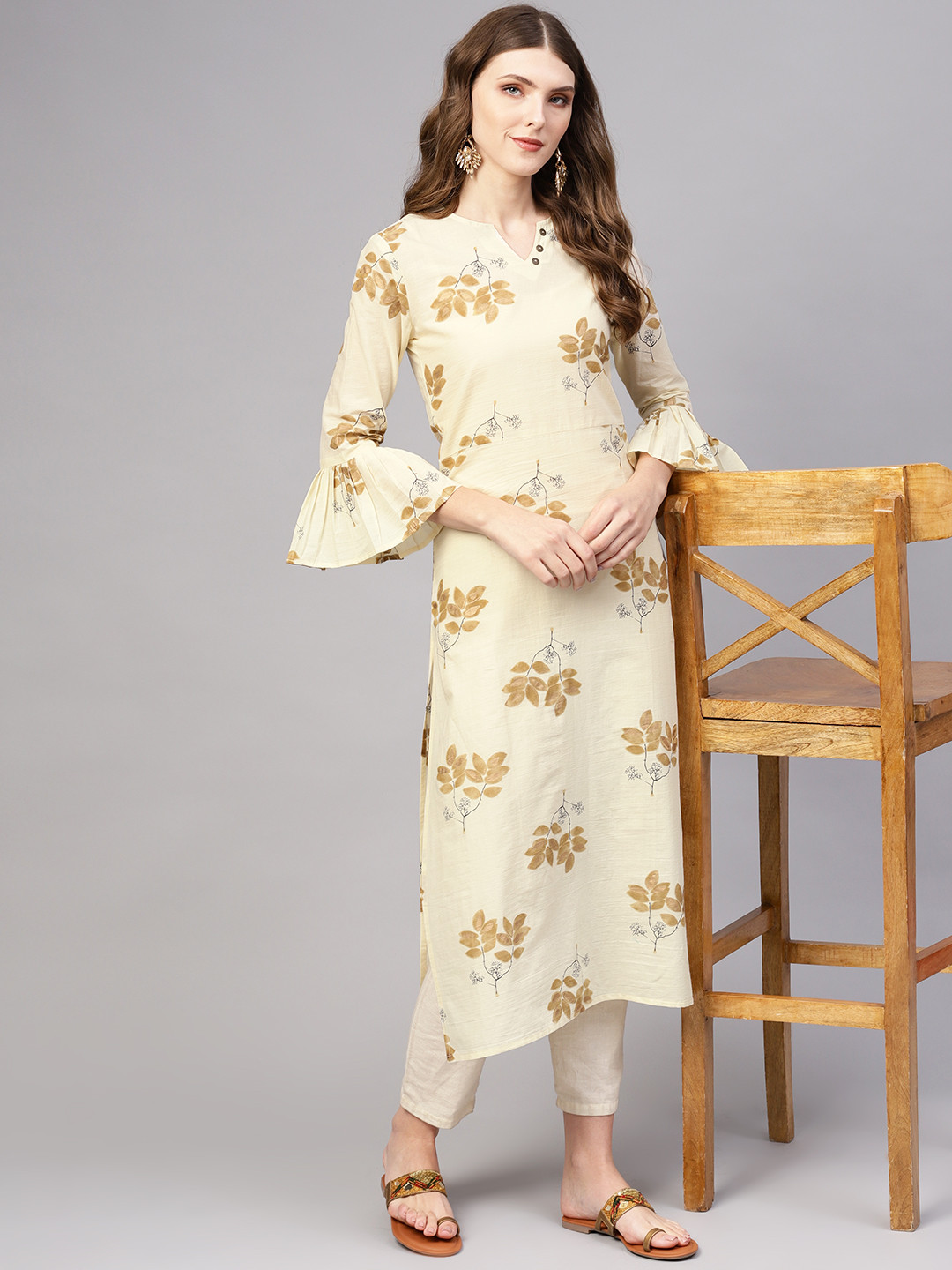 AASI - HOUSE OF NAYO Women Cream-Coloured & Brown Cotton Printed Straight Kurta