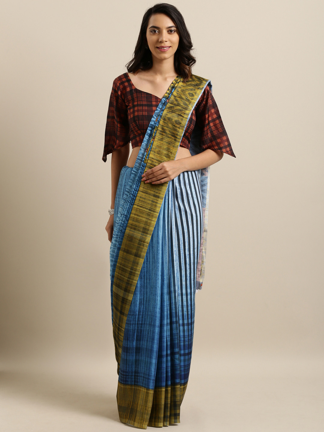 Kvsfab Blue & Olive Green Silk Cotton Printed Saree