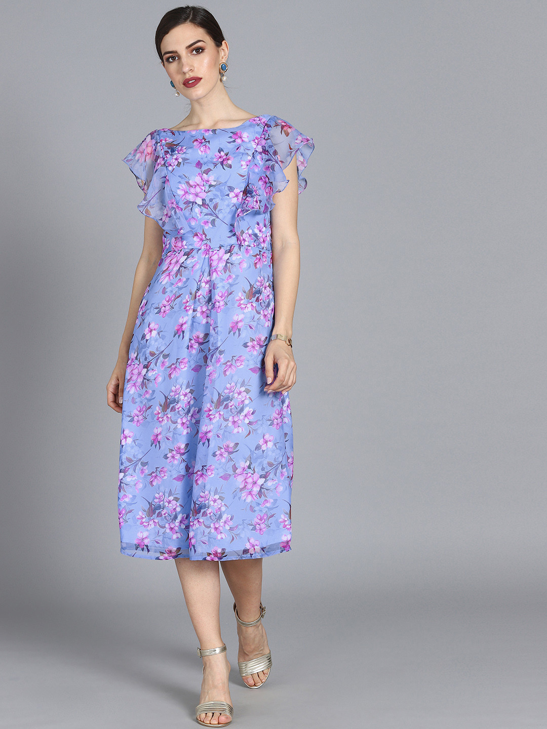 Ethnovog Women Blue  Pink Floral Printed Made to Measure Fit and Flare Dress