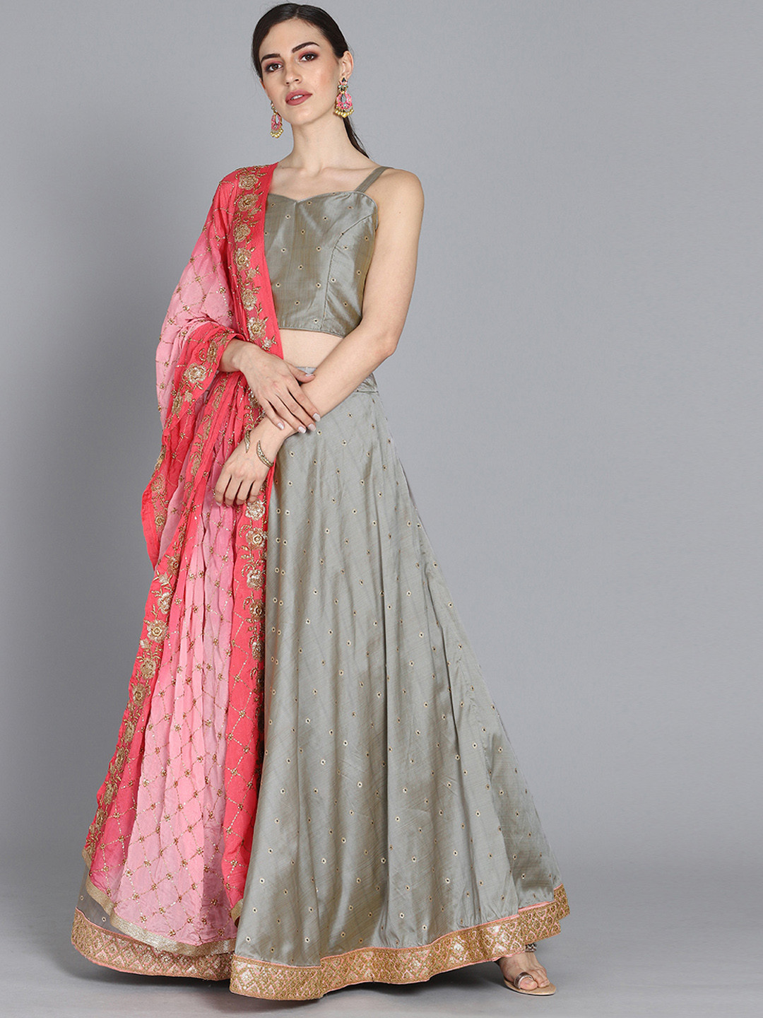Ethnovog Grey  Pink Embroidered Made to Measure Lehenga  Blouse with Dupatta