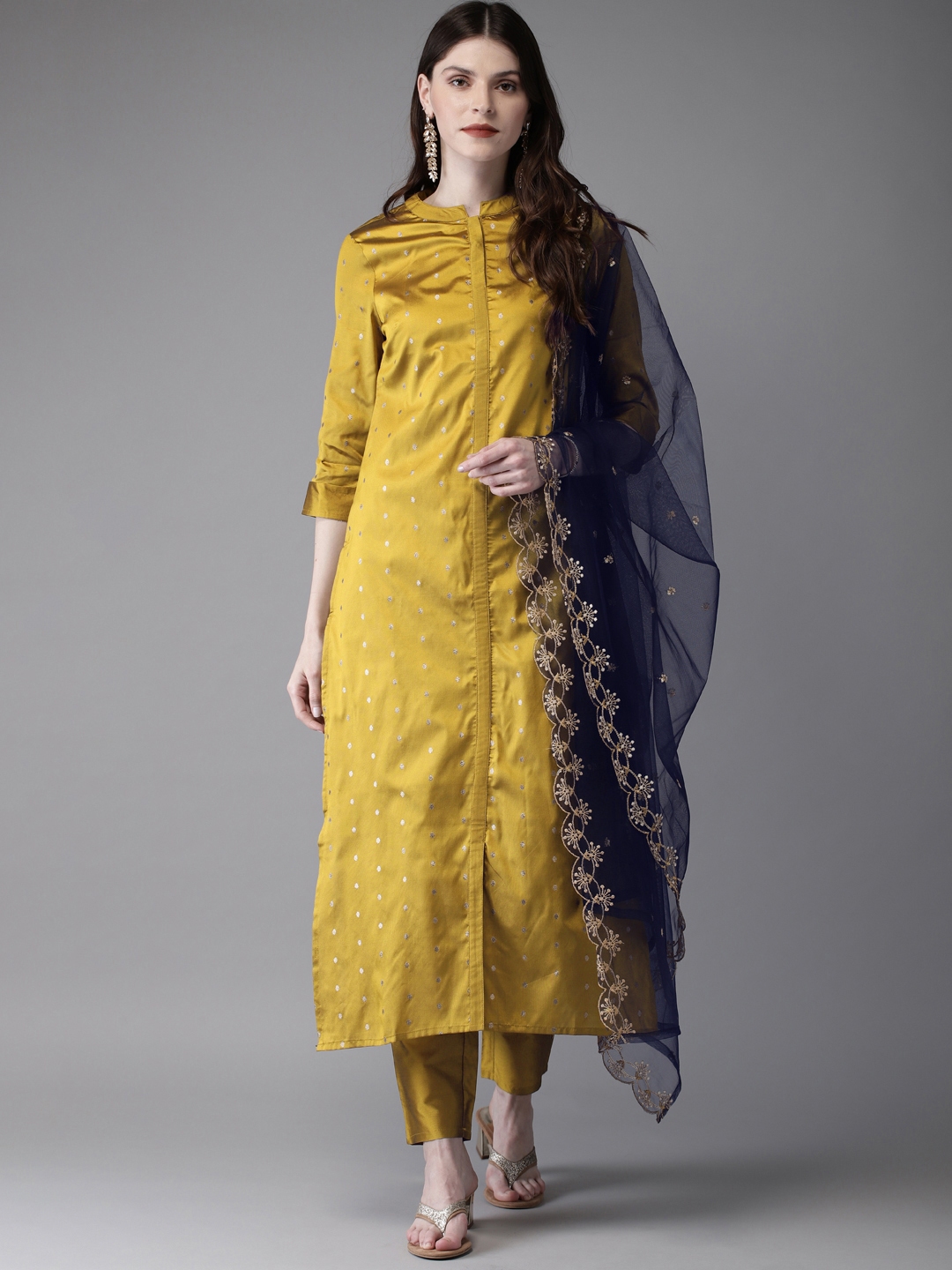 Anouk Women Mustard Yellow & Gold Woven Design Kurta with Trousers & Dupatta