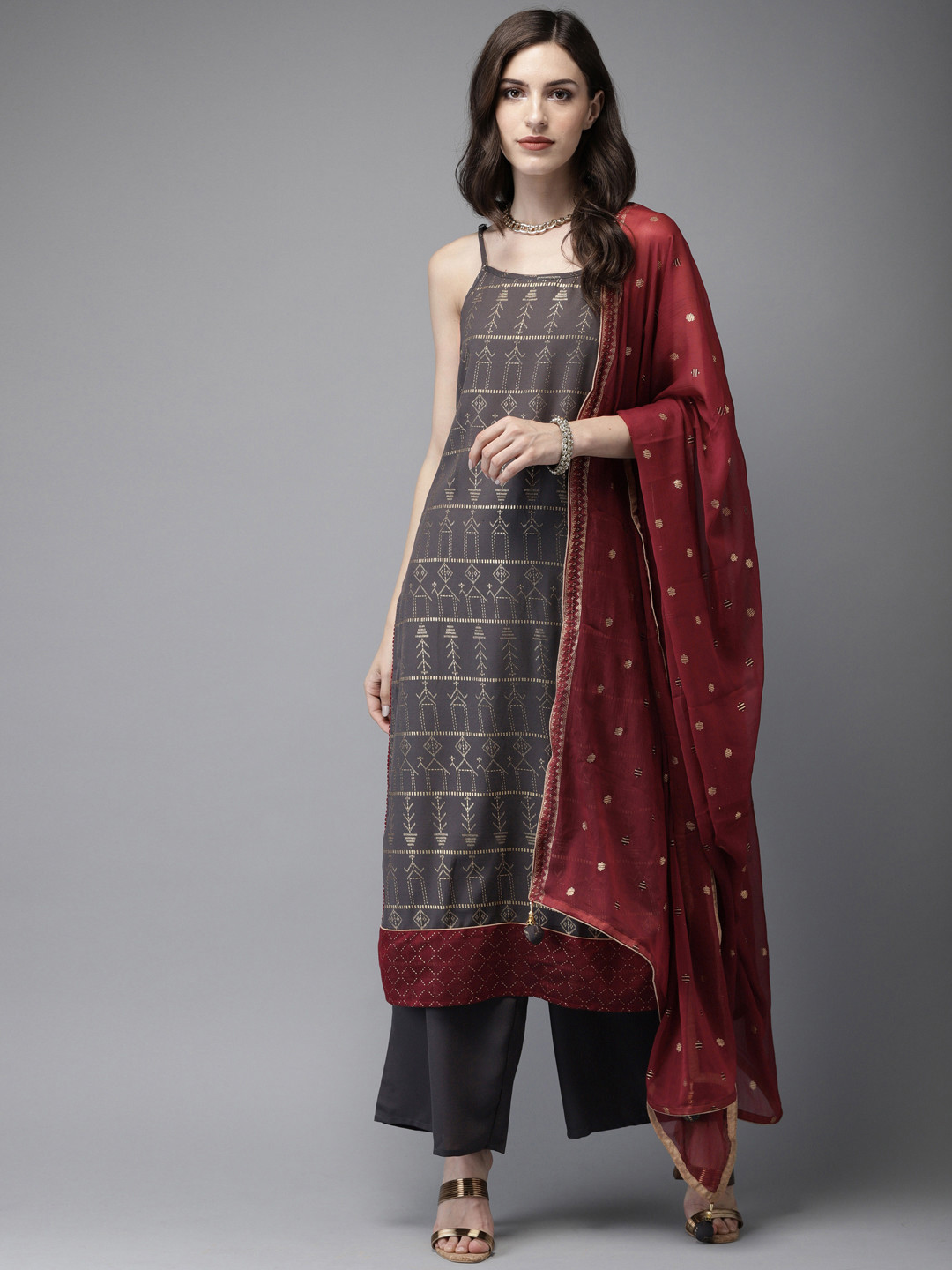 Anouk Rustic Women Charcoal Grey & Gold Foil Print Kurta with Palazzos & Dupatta
