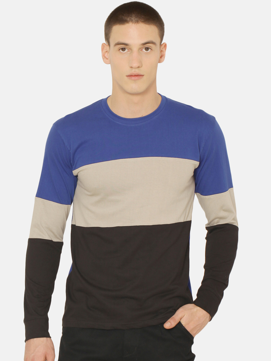 ARISE Men Blue  Grey Colourblocked Round Neck Pure Cotton T-shirt