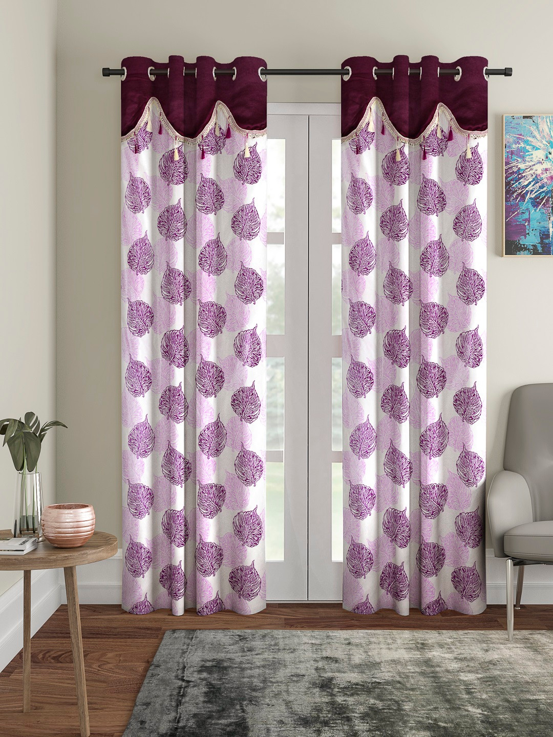 Cortina Purple & White Set of 2 Fancy Valance Leaf Printed Long Door Curtains