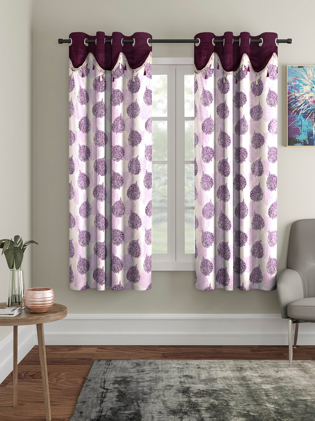 Cortina Purple & White Set of 2 Fancy Valance Leaf Printed Window Curtains