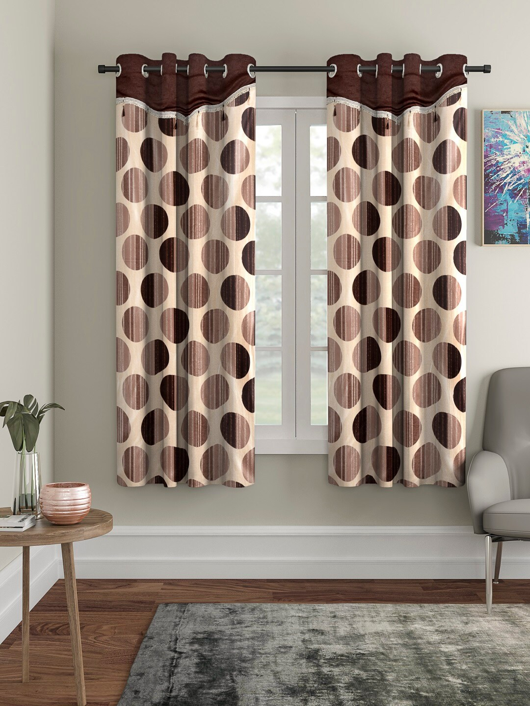 Cortina Brown & Beige Set of 2 Fancy Valance Polka Printed Window Curtains