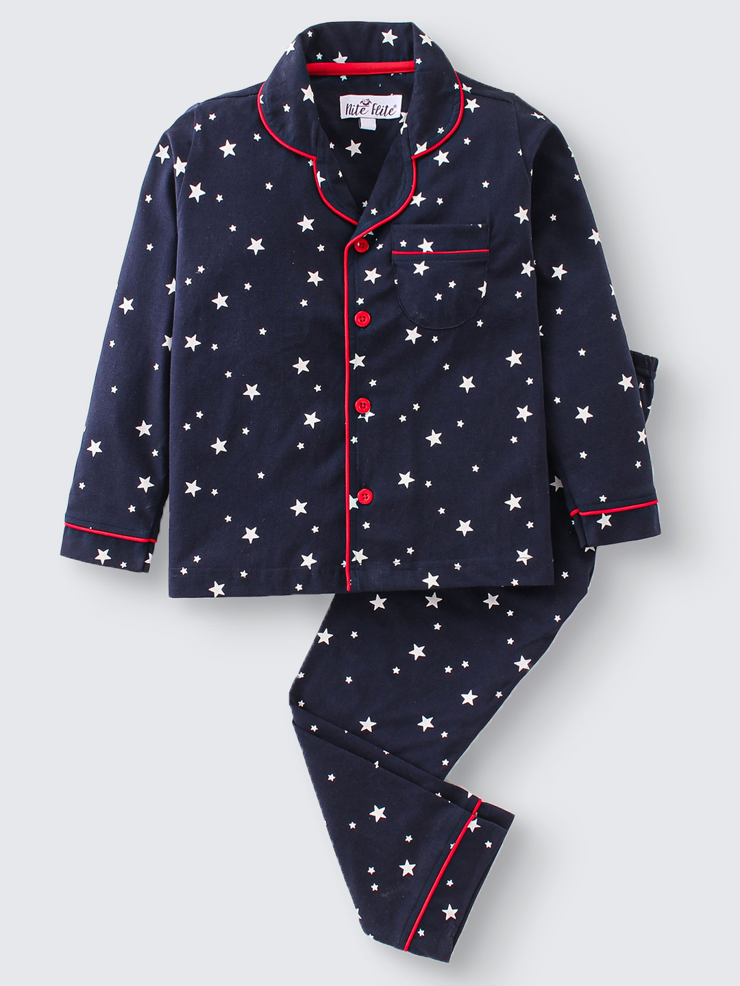 Nite Flite Boys Navy Blue & White Printed Night Suit