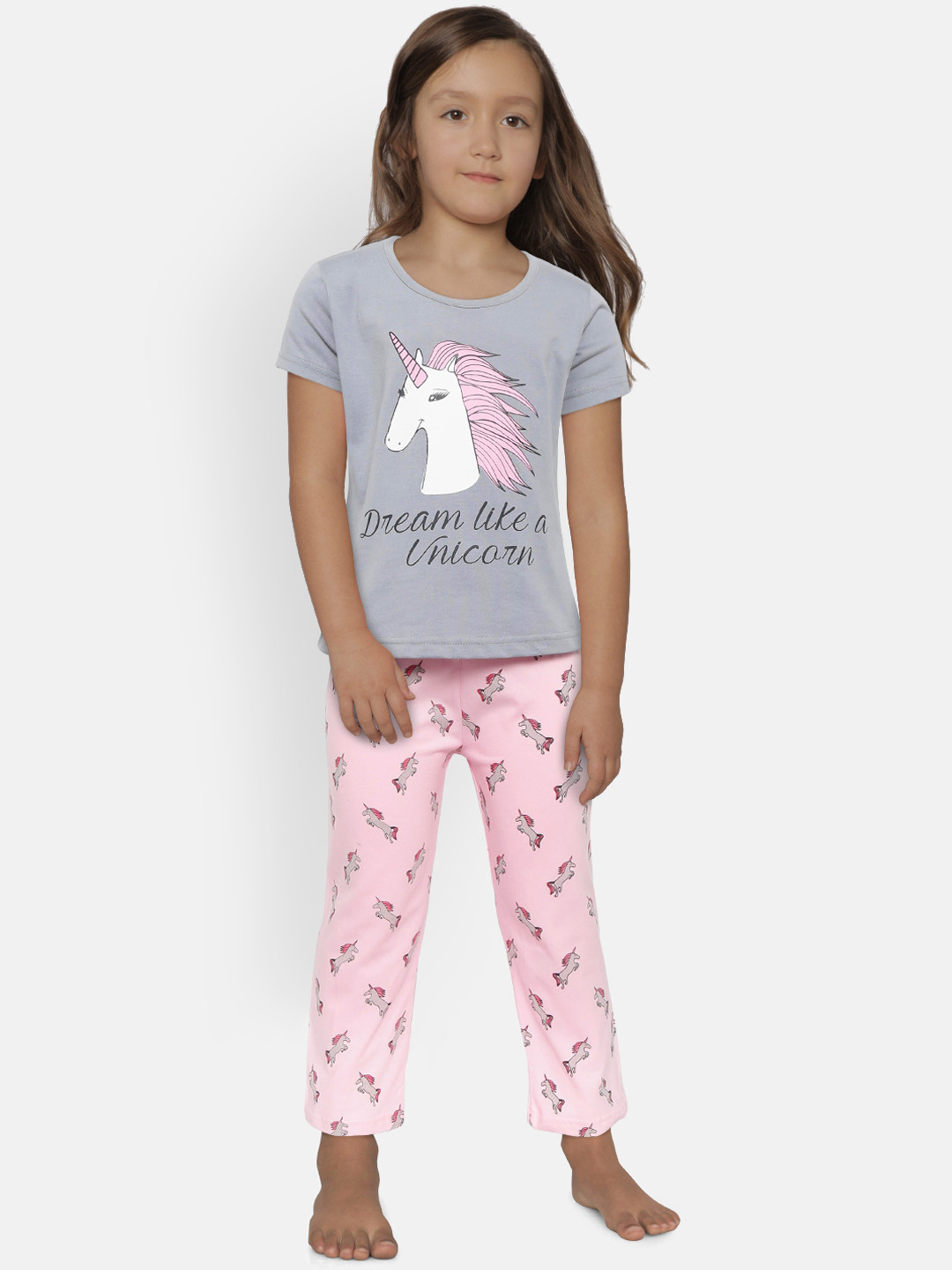 Nite Flite Girls Grey & Pink Printed Night Suit