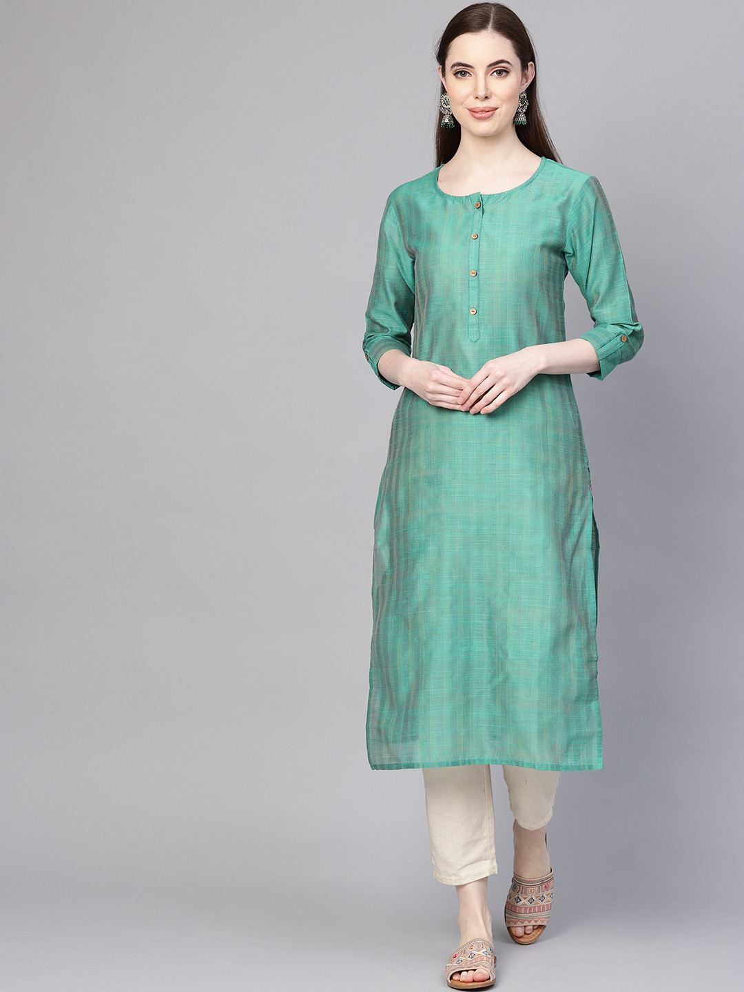 Varanga Women Green Silk Woven Design Straight Kurta