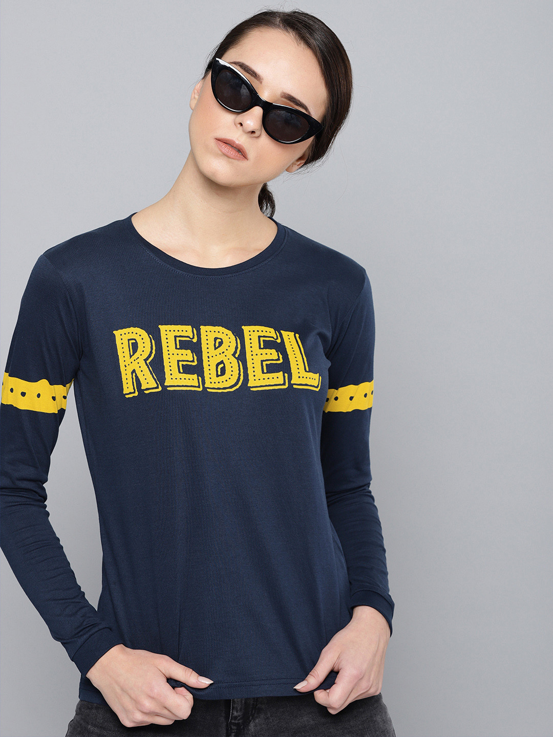 DILLINGER Women Navy Blue Printed Round Neck Pure Cotton T-shirt