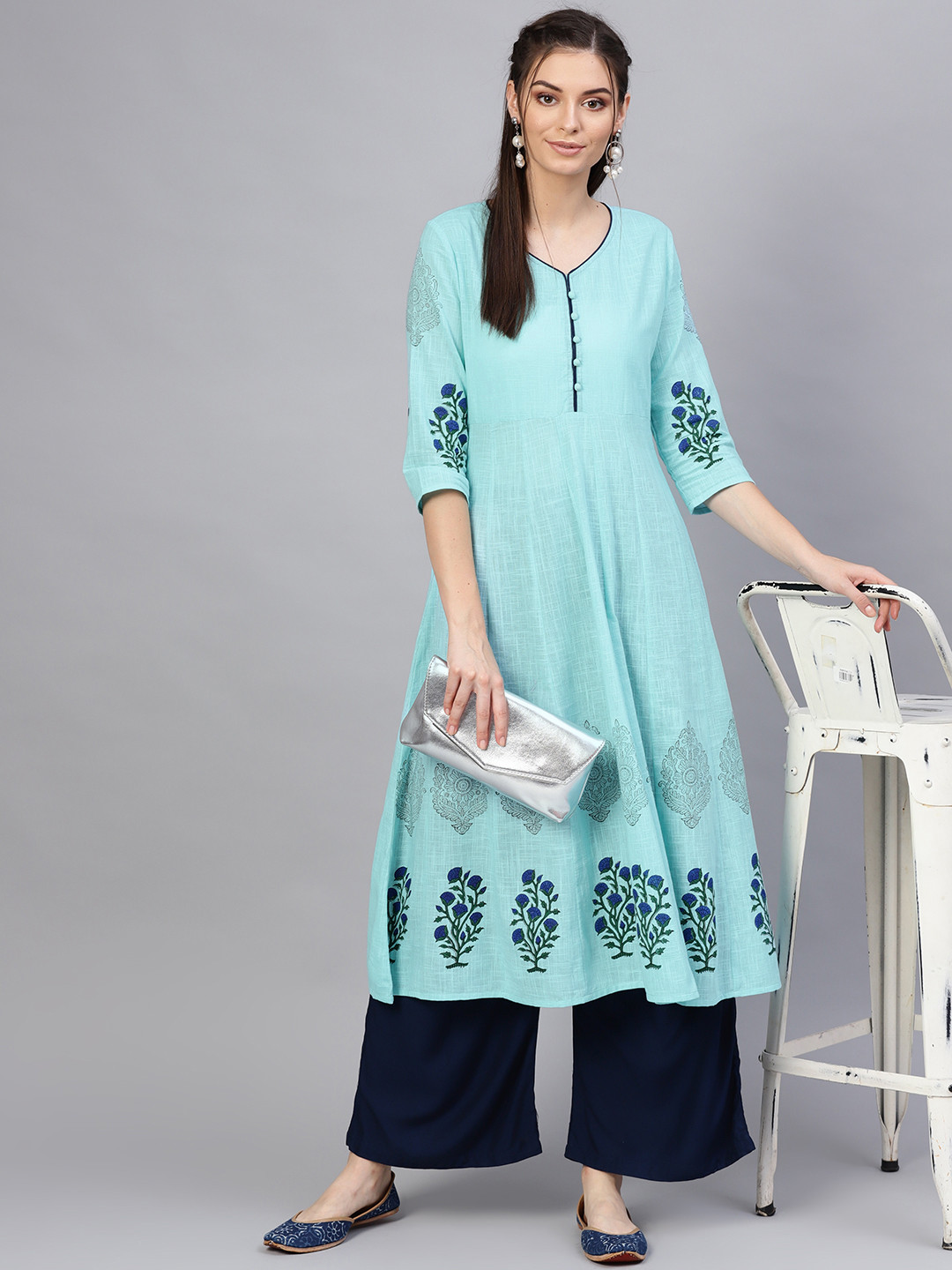 SOJANYA Women Blue Block Print Anarkali Kurta