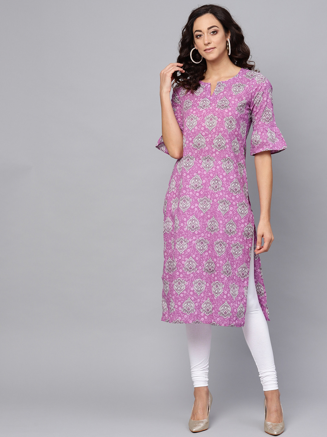 anayna Women Purple & Off-White Printed Straight Kurta