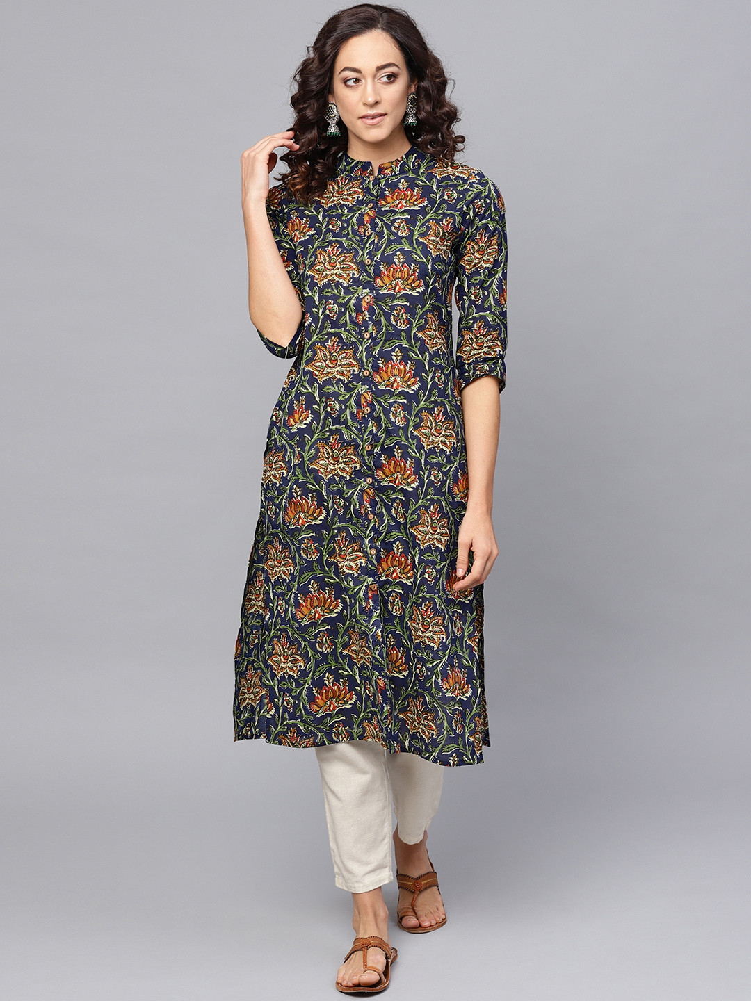 anayna Women Navy Blue & Green Floral Print Straight Kurta