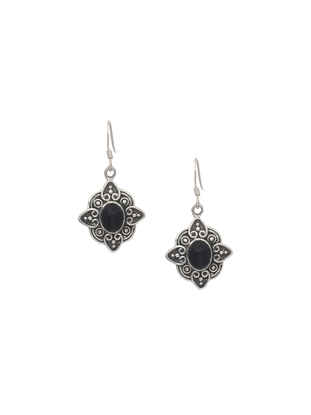 Silverholic Silver-Toned & Black Floral Drop Earrings